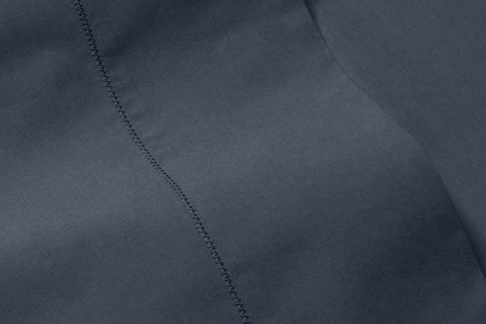Close-up of percale sheet set, indigo