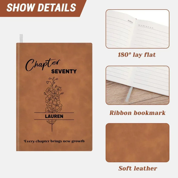 Brown leather-look journal with “Chapter SEVENTY,” floral tree, and ribbon bookmark
