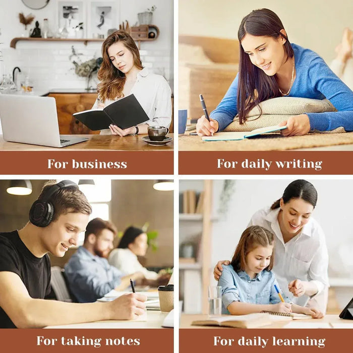Four-panel scene of people writing and studying with notebooks
