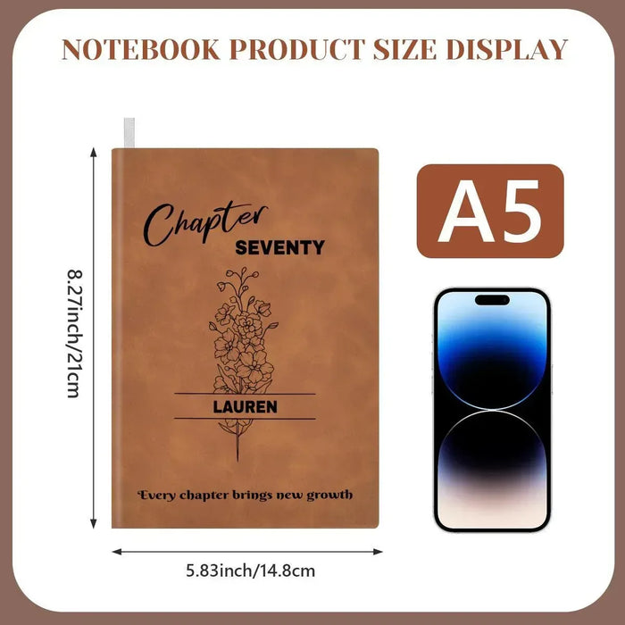 A5 brown leather journal cover with “Chapter SEVENTY” and name “LAUREN”