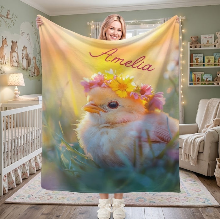 Personalized bird blanket held by woman, fluffy chick with flower crown and name Amelia