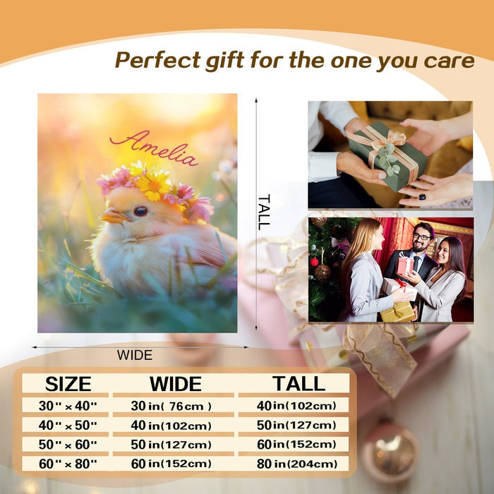 Gift blanket design showing fluffy bird with flower crown and name Amelia