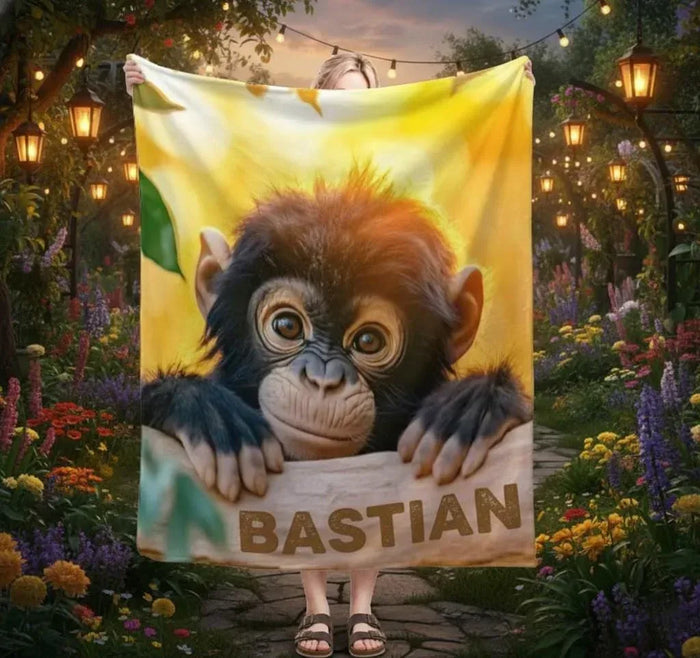 Personalized baby chimpanzee blanket with yellow-green jungle design and custom name text