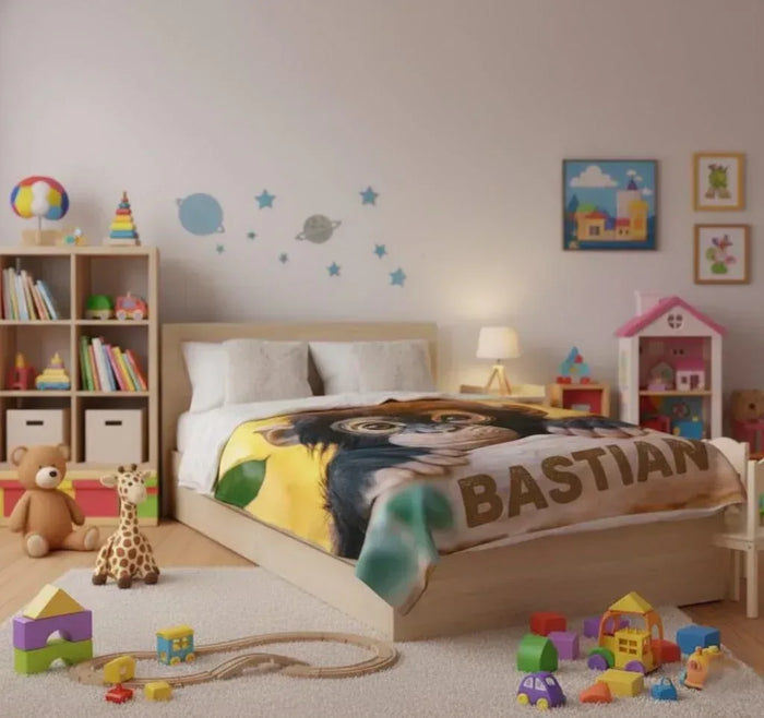 Personalized baby chimpanzee blanket on a bed with chimp face and name 'BASTIAN' print