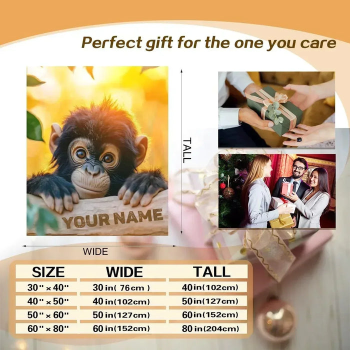 Personalized baby chimpanzee blanket size chart with chimp face and 'YOUR NAME' preview