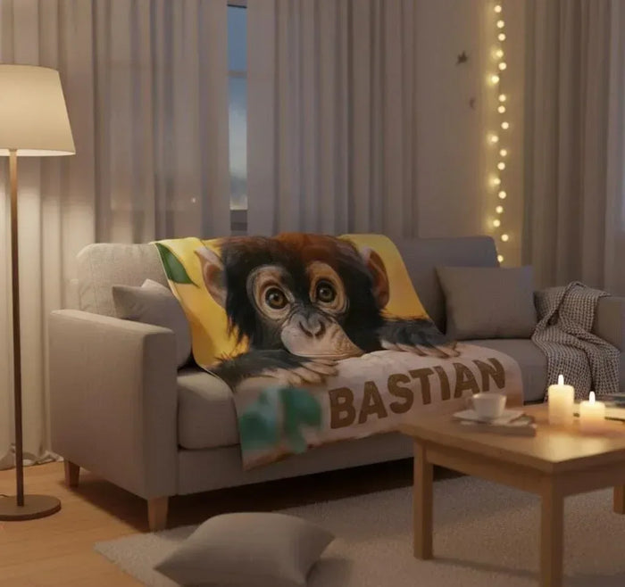 Personalized baby chimpanzee blanket on a sofa featuring chimp face and name 'BASTIAN'