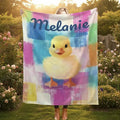 Personalized duckling blanket in colorful plaid, yellow chick design, name Melanie