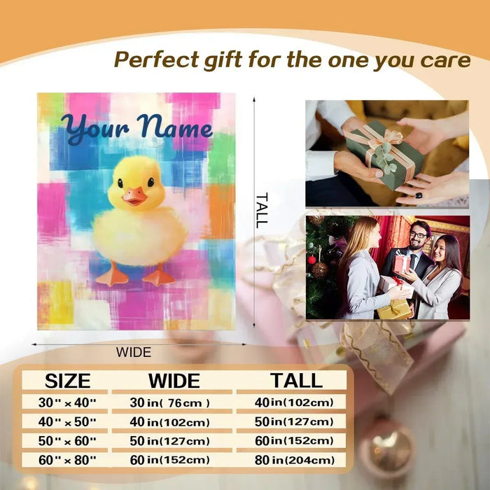 Personalized baby duck blanket with name text area, colorful plaid and duckling chick