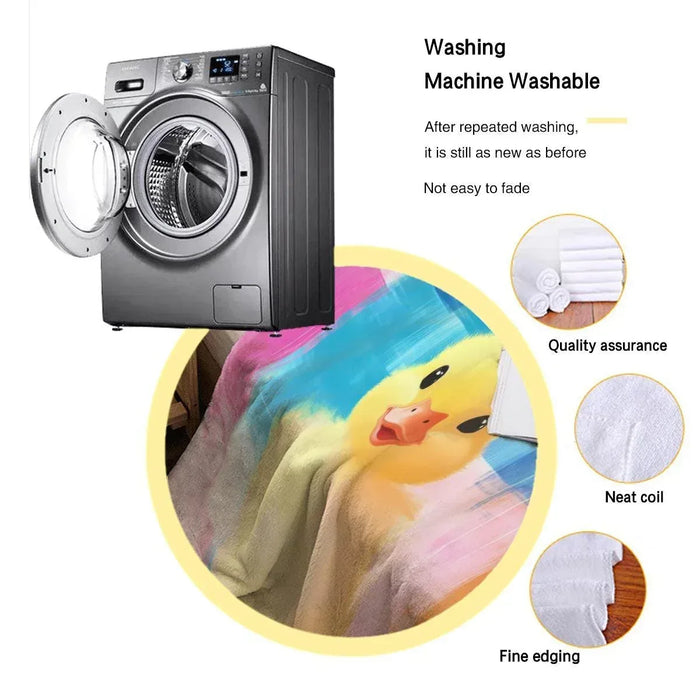Microfiber duck blanket corner with stitched edge and colorful plaid, yellow chick