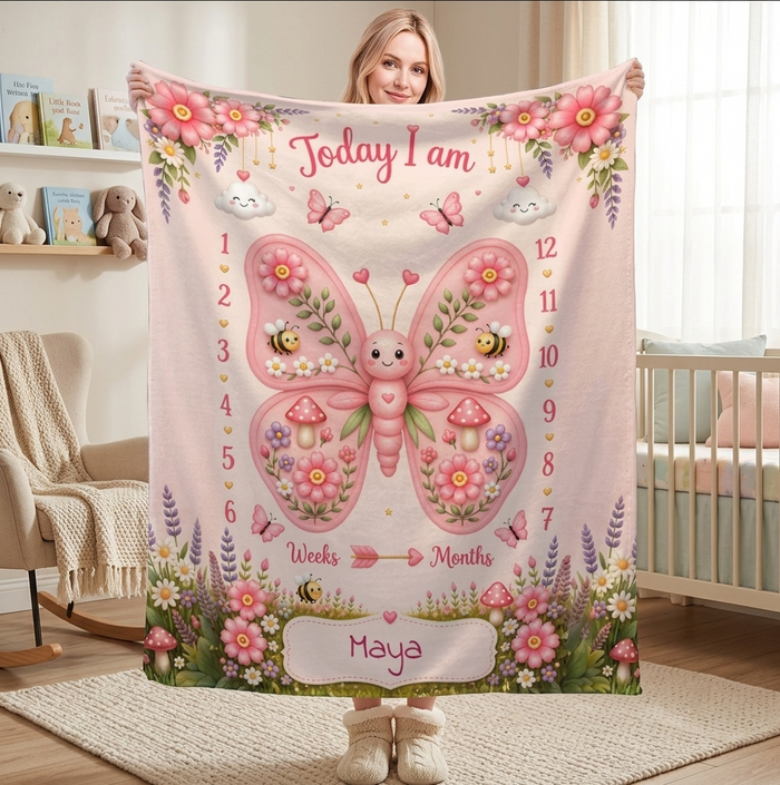 Personalized baby milestone blanket laid out, pink bunny butterfly with weeks and months chart