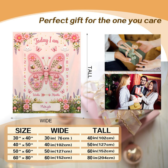 Personalized baby milestone blanket with pink bunny butterfly garden and name Maya