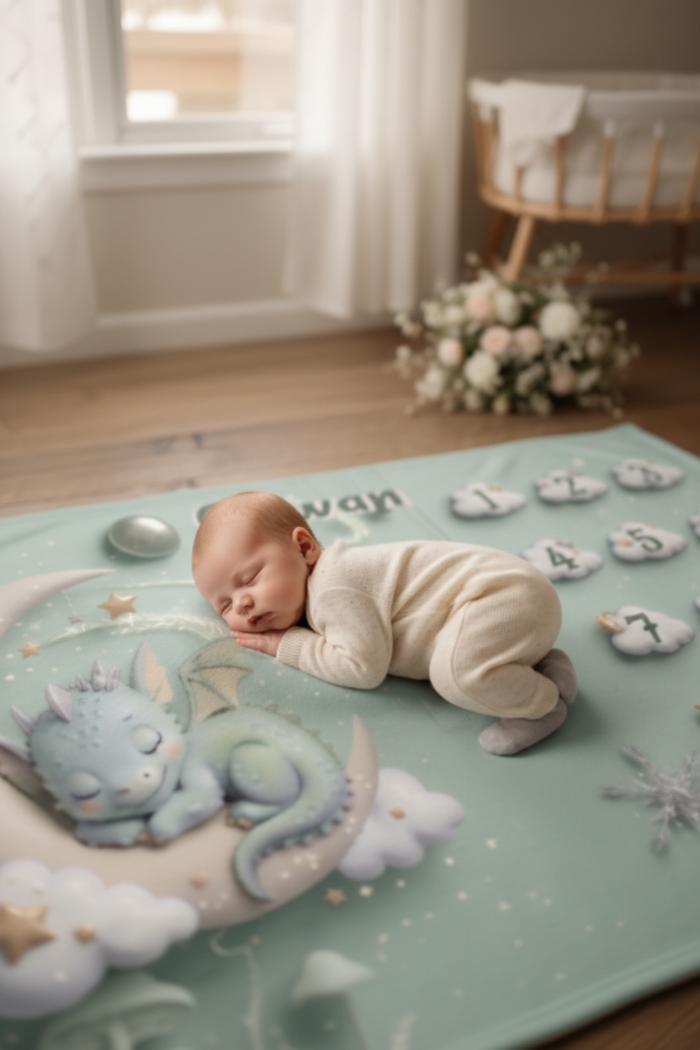 Teal dragon-themed baby milestone blanket with numbered circles and moon graphics