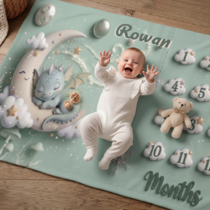 Mint milestone baby blanket with sleeping dragon, moon and 1–11 numbers, Rowan text