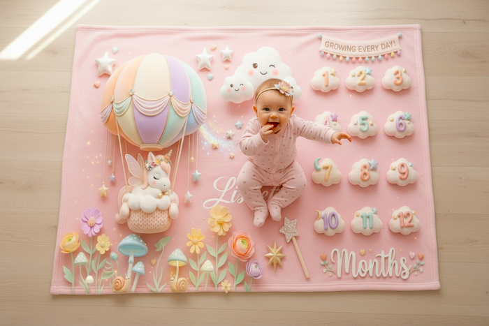 Pink unicorn hot-air balloon baby milestone blanket with raised 1–12 months design