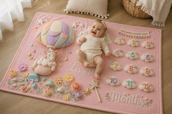 Pink unicorn baby milestone blanket with hot-air balloon, flowers, and raised 1–12 months