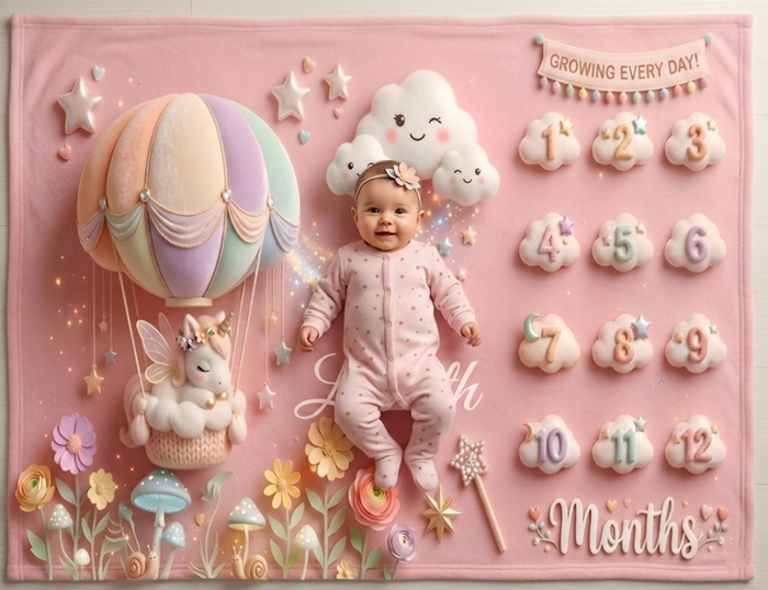 Pink milestone unicorn blanket with baby, hot air balloon, 1–12 months and Growing Every Day
