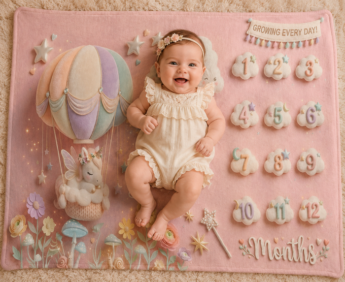 Pink baby milestone blanket with unicorn scene, raised 1–12 months, and Lisette