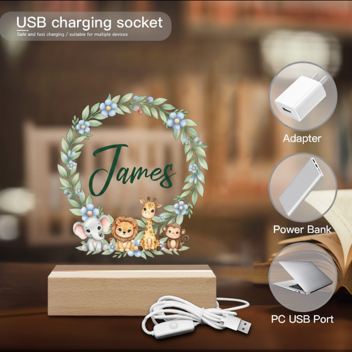 Personalized baby safari night light on wooden base with floral animal frame and name James, cables