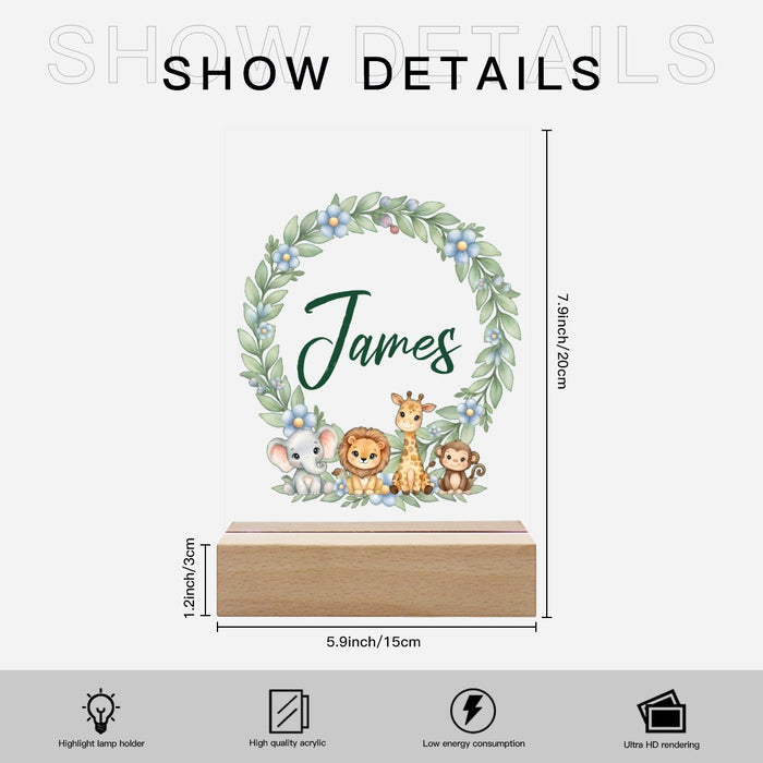Personalized wooden night light with safari wreath, size dimensions shown.