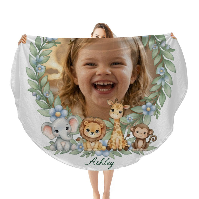 Personalized baby safari round blanket with child photo and animal wreath, name Ashley
