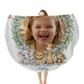 Personalized baby safari round blanket with child photo and animal wreath, name Ashley