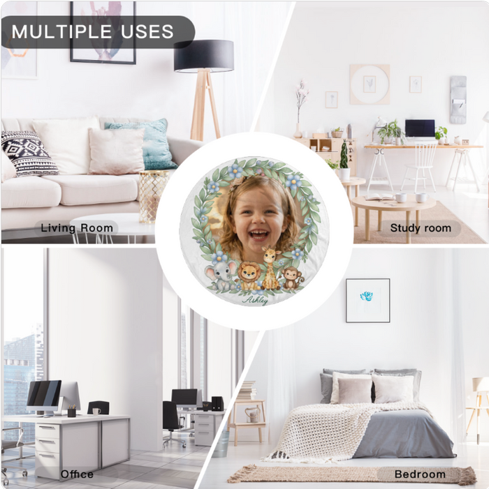 Round blanket used in living, office, and bedroom; child photo with safari animals