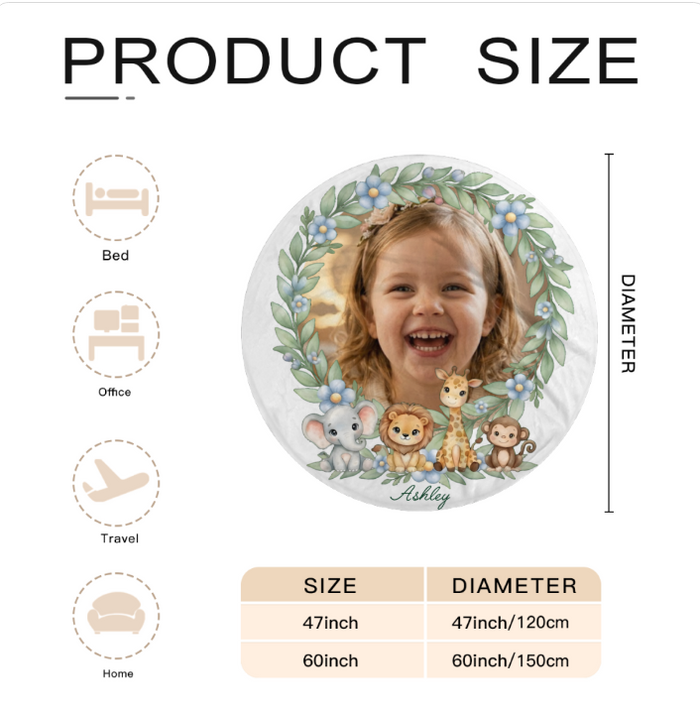 Round blanket size chart showing 47in/120cm and 60in/150cm diameter