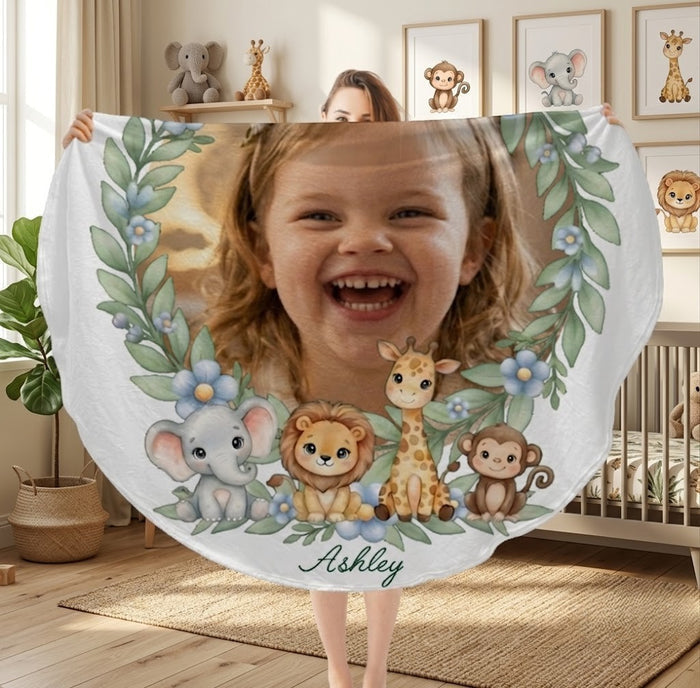 Personalized baby safari round blanket held up, child photo with animal wreath