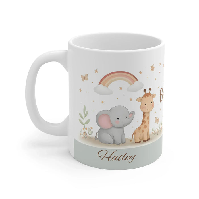 Personalized safari baby mug with rainbow, elephant and giraffe, name Hailey