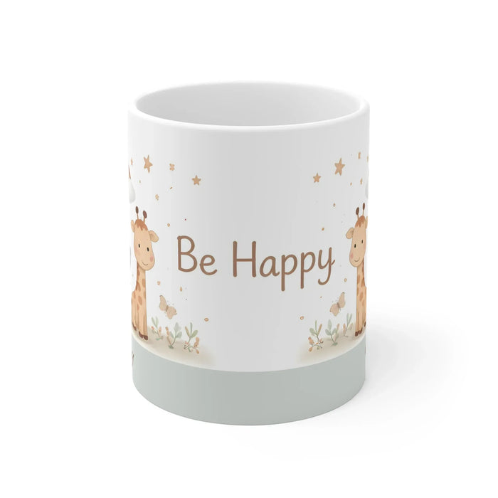 Personalized safari baby mug, white with 'Be Happy' text and giraffe and stars
