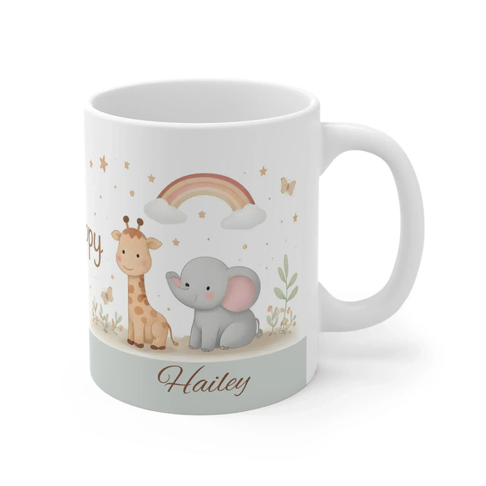 Personalized safari baby mug with elephant, giraffe, rainbow and script Hailey