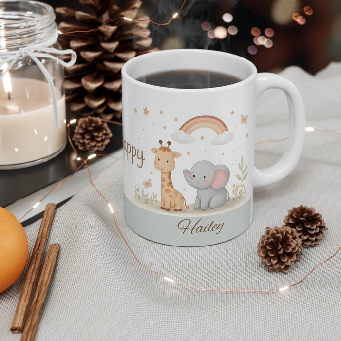 Personalized safari baby mug with elephant and giraffe near rainbow, name Hailey