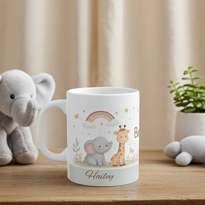 Personalized safari baby mug with elephant and giraffe, rainbow and name Hailey