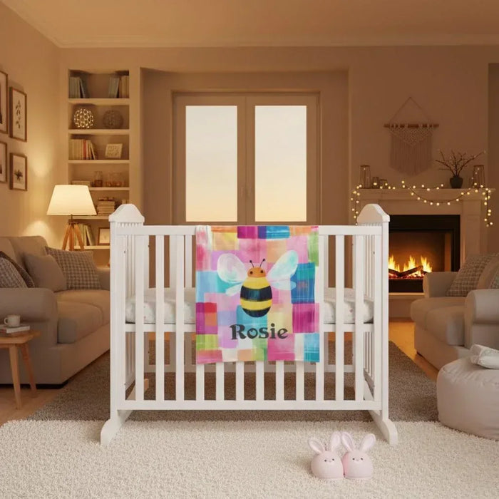 Bee patchwork fleece blanket draped over a white crib, with “Rosie”
