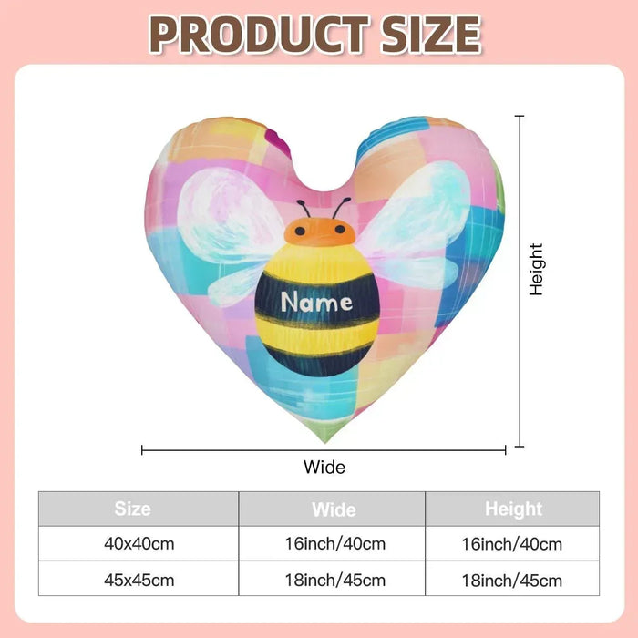 Heart-shaped plush pillow size chart with wide and height measurements