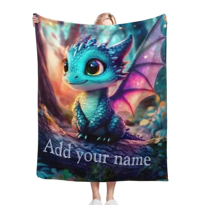 Personalized dragon flannel fleece throw blanket with blue dragon artwork