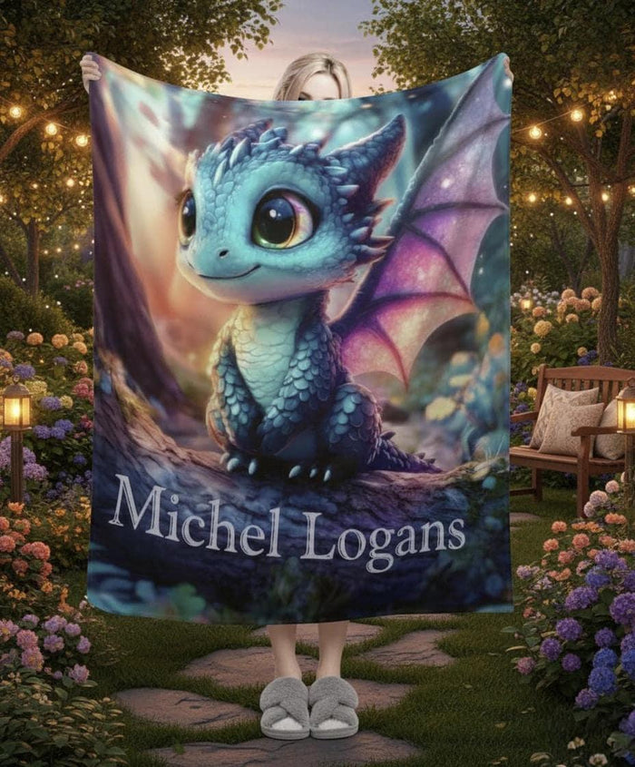 Blue dragon throw blanket with name Michel Logans