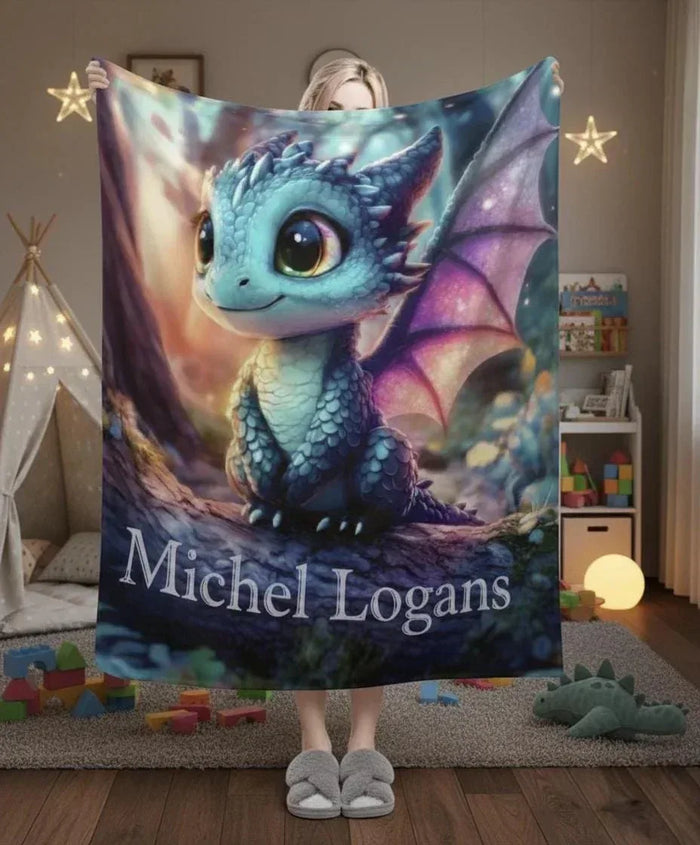 Personalized dragon throw blanket with blue dragon graphic and name Michel Logans