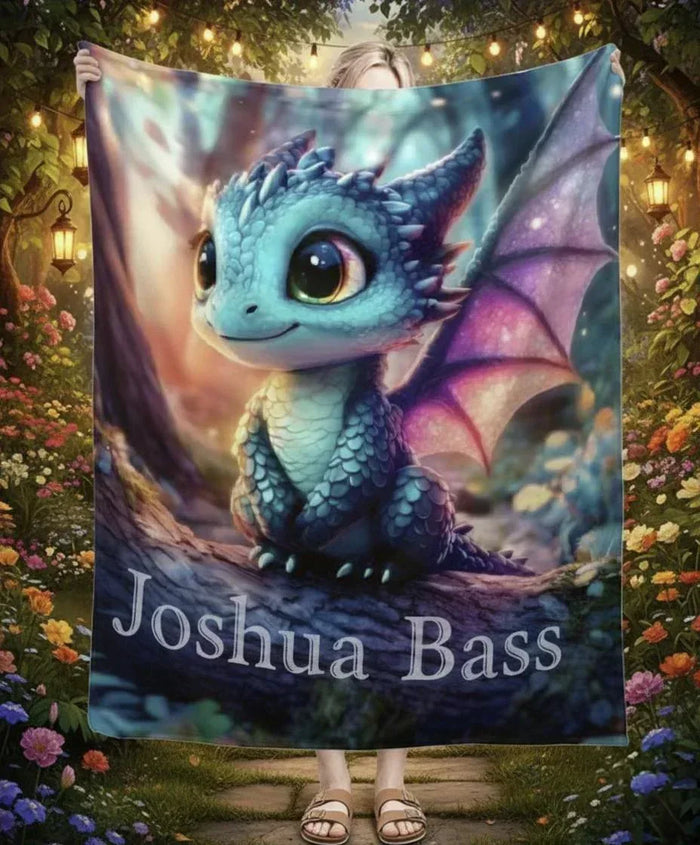 Personalized dragon throw blanket with blue dragon graphic and name Joshua Bass