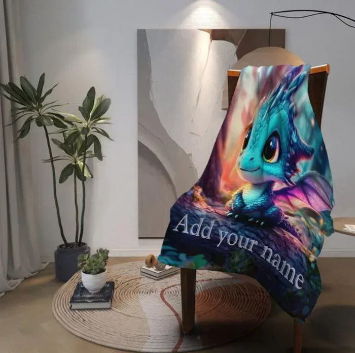 Personalized dragon flannel fleece throw blanket with blue dragon face portrait