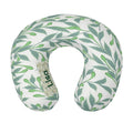Personalized travel neck pillow with green botanical leaf print, U-shaped support