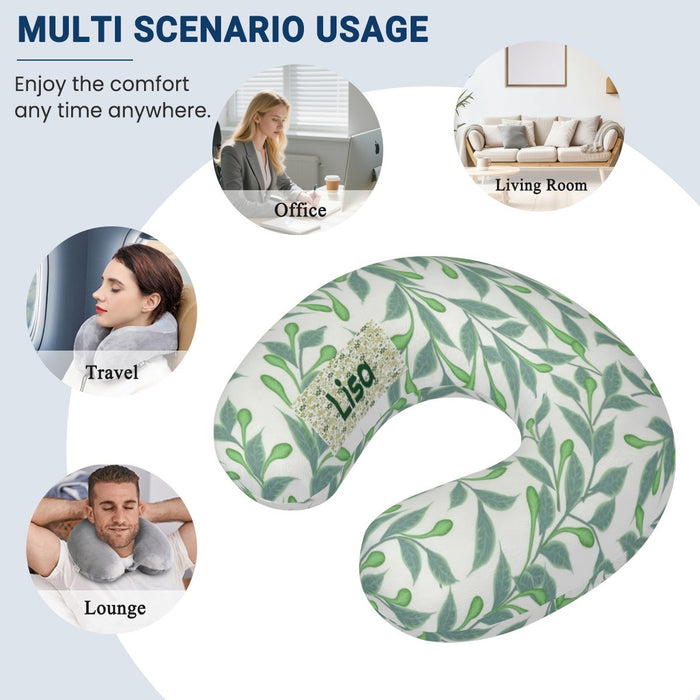 U-shaped travel neck pillow with green botanical leaf print
