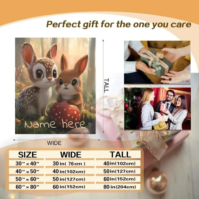 Personalized snuggle blanket with bunny and deer print; “Name here” on the panel