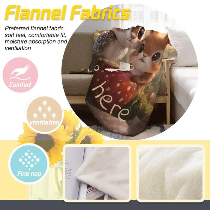 Flannel snuggle blanket with bunny and deer cuddling a red mushroom