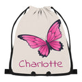Personalized butterfly drawstring bag with pink butterfly and name 'Charlotte'.