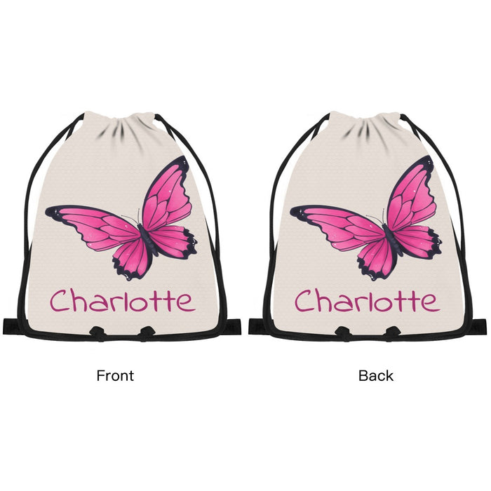 Butterfly drawstring bag front/back with pink butterfly and 'Charlotte'.