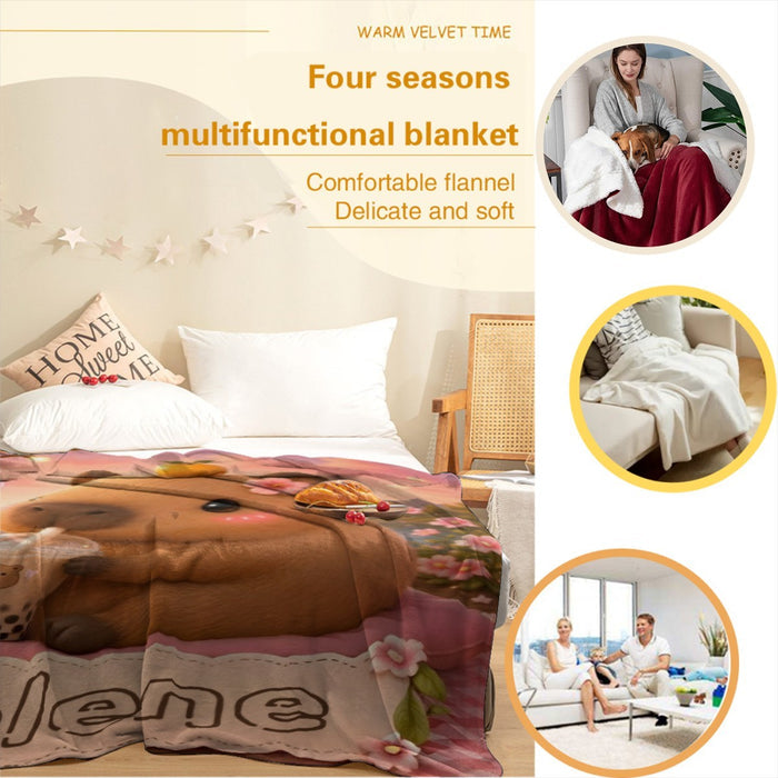 Multi-color Jolene capybara blanket with pink flowers and scalloped 'Jolene' edge