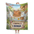 Personalized capybara hot spring blanket with custom name patch: NAME ROWAN