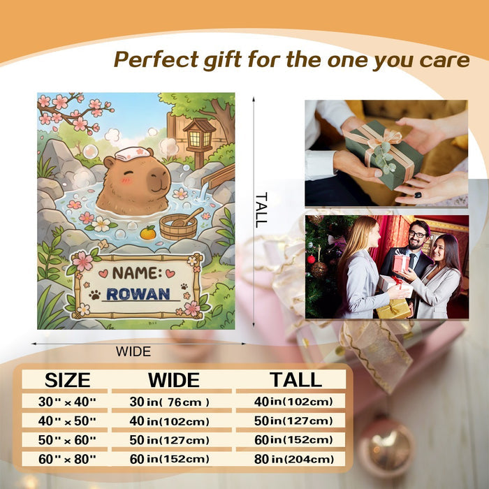 Personalized capybara hot spring blanket gift view, custom NAME ROWAN patch