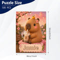 Jigsaw puzzle box with 500 pieces and size details, brown bear “Jamie” artwork